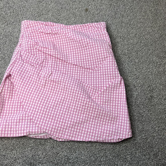 Zara Skirt Womens Small Pink Gingham Check Wrap Asymmetric Mini Lined High Waist - Picture 4 of 14
